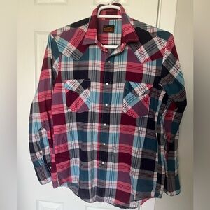 x Western Fashions Shirt Men Red Plaid Pearl Snap 40”Chest 30” Shoulder/Hem